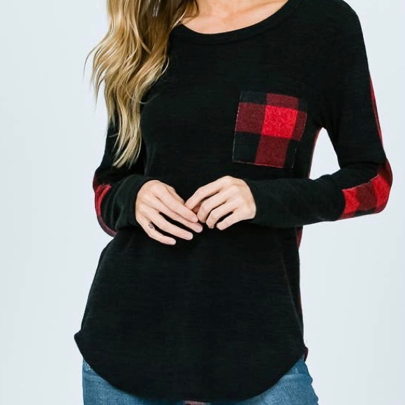 7th Ray Sweaters - 7th Ray Red and Black Buffalo Check Pocket Long Sleeve Sweater Top Size Medium